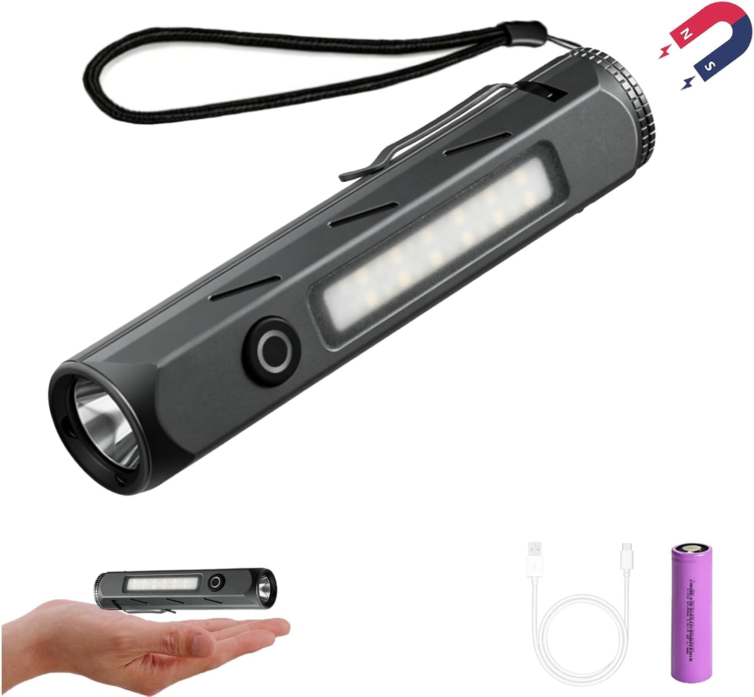 Rechargeable EDC Flashlight -1600 Lumens Pocket Flashlight USB C Flashlight with Clip Magnetic Base, LED & COB Light,8 Modes IP68 Waterproof Tactical Flashlight for Camping Car Repairs Emergency