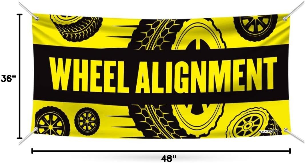 Wheel Alignment Banner Sign - 13 Oz Heavy Duty Waterproof Wheel Alignment Vinyl Banner for Business with Metal Grommets, VP5380 (18" x 48")