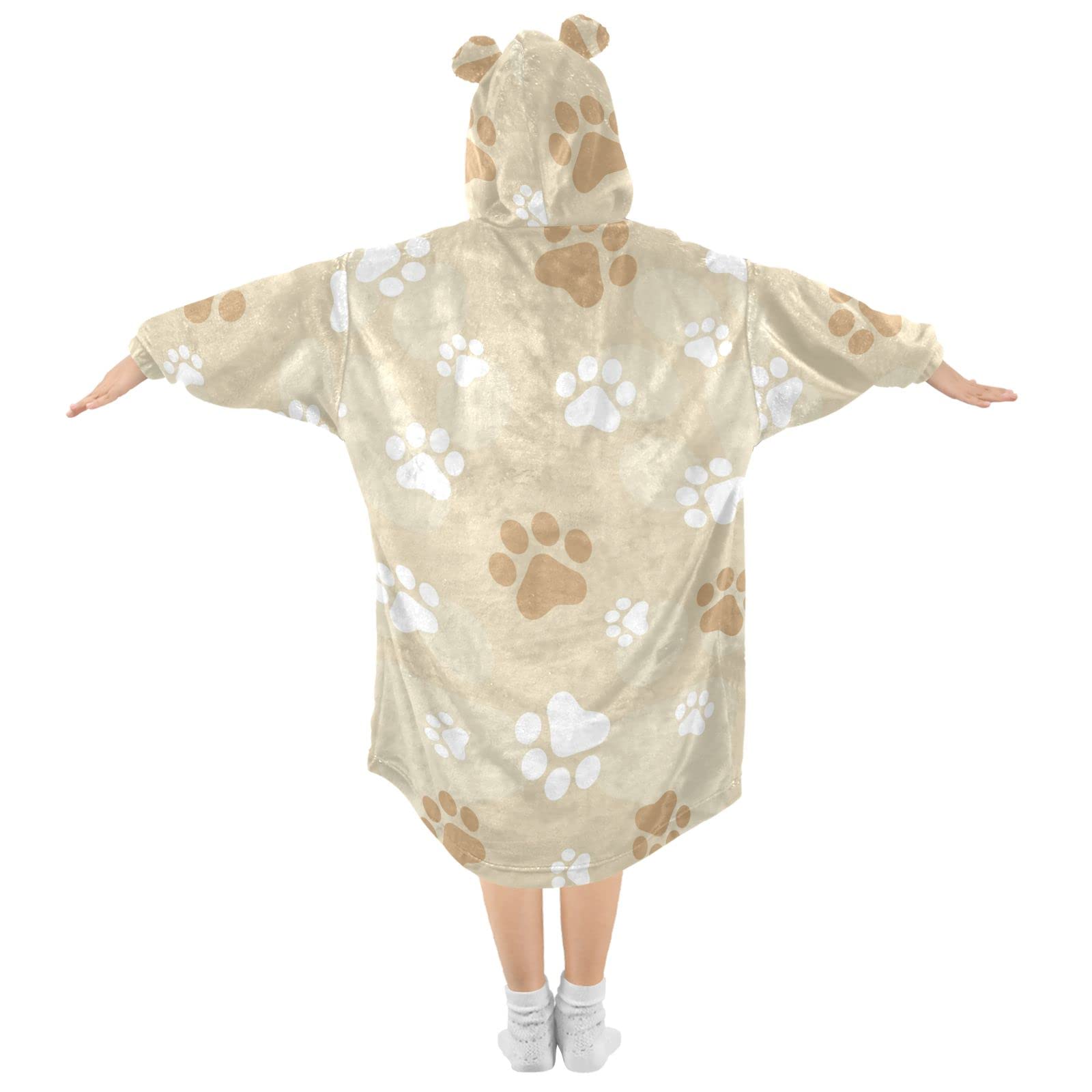 Felpa con cappuccio oversize per bambini, con stampa di zampa di cane marrone con sfondo caldo in pile, indossabile per ragazze e ragazzi, tasca frontale spaziosa, berretto per orecchie carino