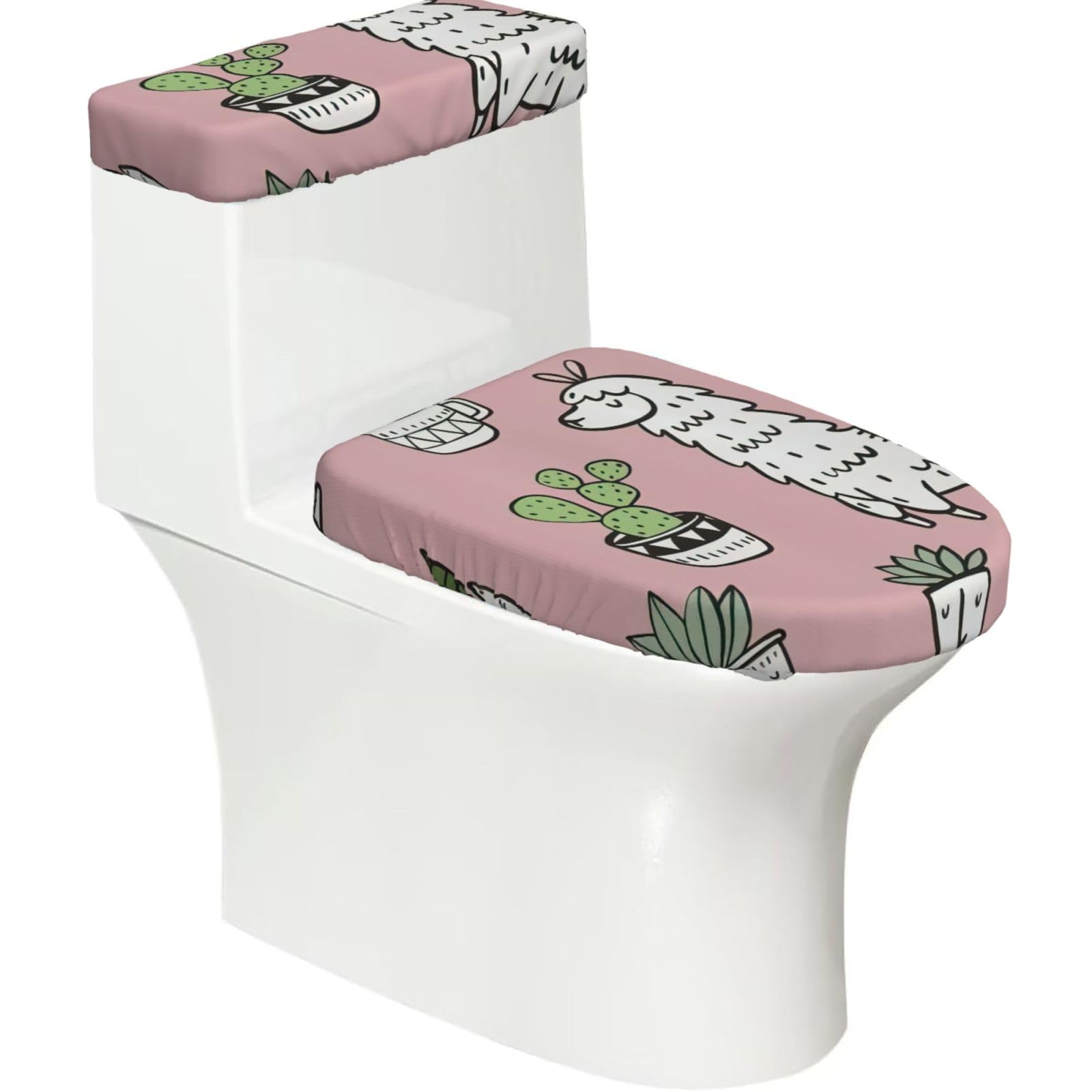Alpaca and Cactus Print 2-Piece Stretch Toilet Cover Set, Elastic Breathable Toilet Seat and Tank Lid Protector