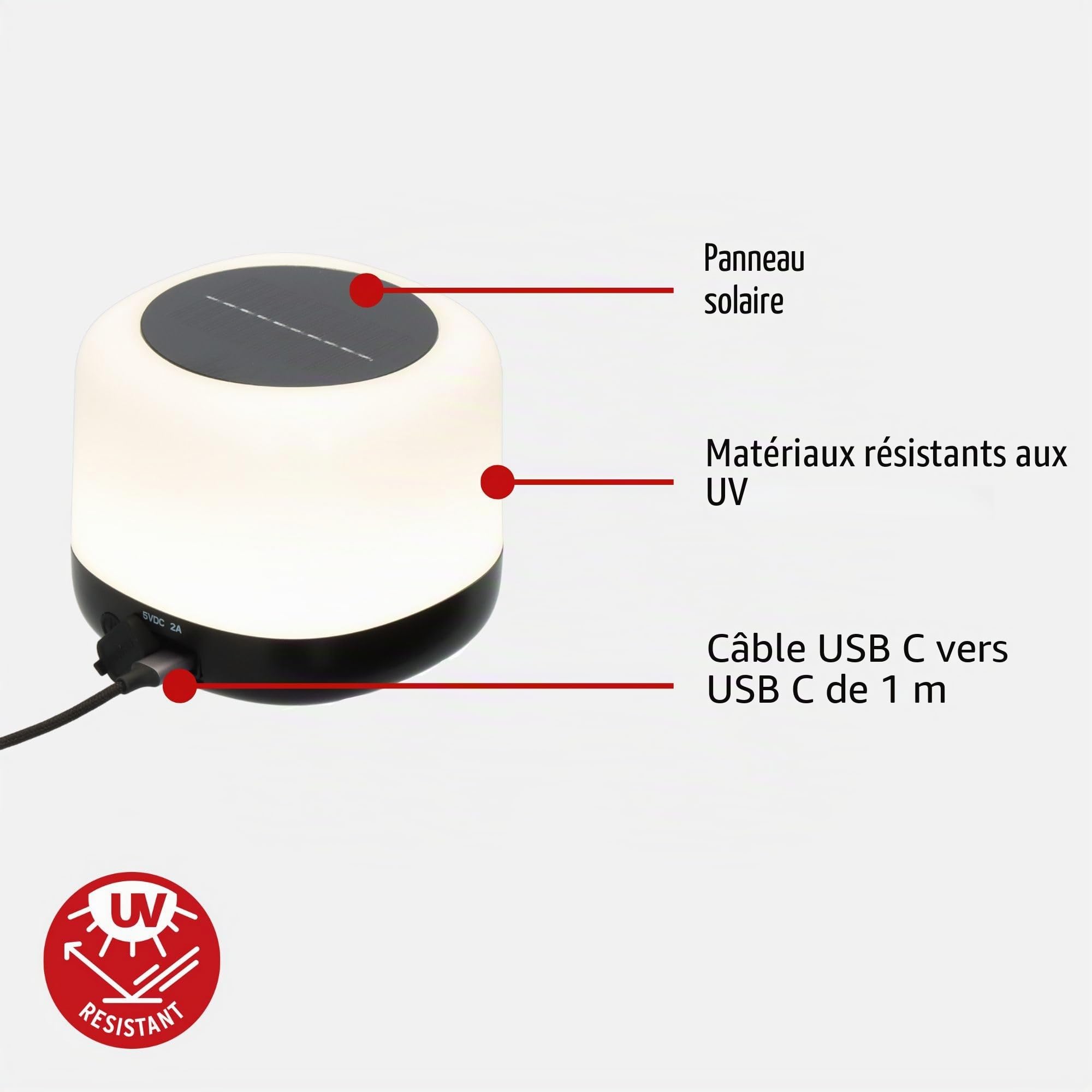 Brennenstuhl Lampe solaire LED rechargeable GL 400 AS (lampe de camping IP44 avec 400 lm, durée d'éclairage jusqu'à 4,5h, 3 niveaux de commutation, batterie 18650 remplaçable, batterie externe, câble