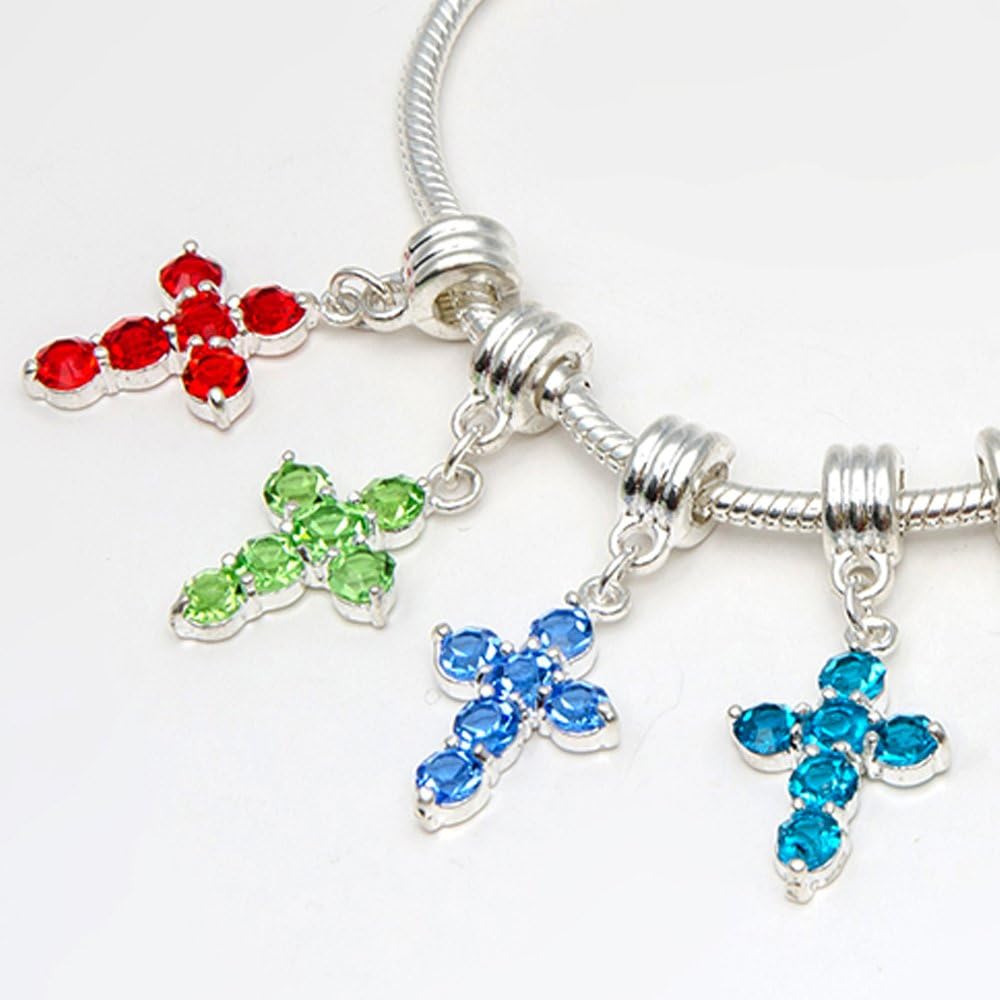 RUBYCA Crystal Cross Dangle Charms for Bracelets Jewelry Making Silver Plated Pendant Beads (Indicolite Blue, 5pcs) - Image 3