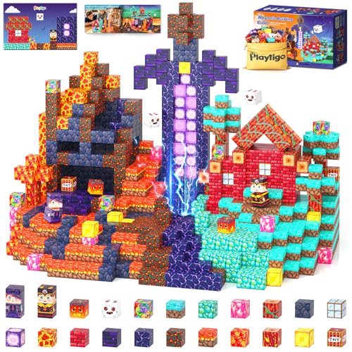 Playtigo 154PCS Magnetic Blocks Mine Magnet World Block Cubes Toy with Magnet Board for Kids Ages 4-8, Magnetic Tiles Kids Sensory Birthday Gifts Game Toys for Boys & Girls Ages 3+