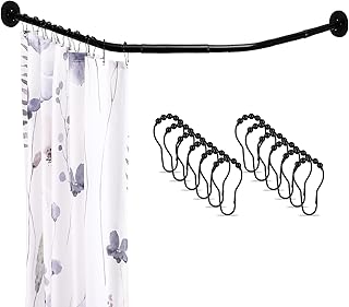 Adjustable Black Corner Shower Curtain Rod with 12 Hooks, 31-45 Inch Diamond Shaped Shower Curtain Rod, Curved Rustproof 3...