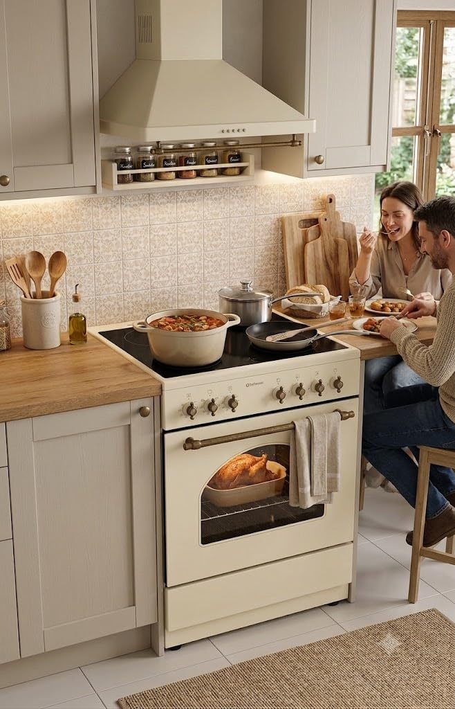 COCINA VITROCERÁMICA CREMA XL CON HORNO ELECTRICO 60 CM ANCHO SOLTHERMIC CREMA RÚSTICA ACABADOS DORADOS/, 4 FUEGOS/HORNO ELECTRICO