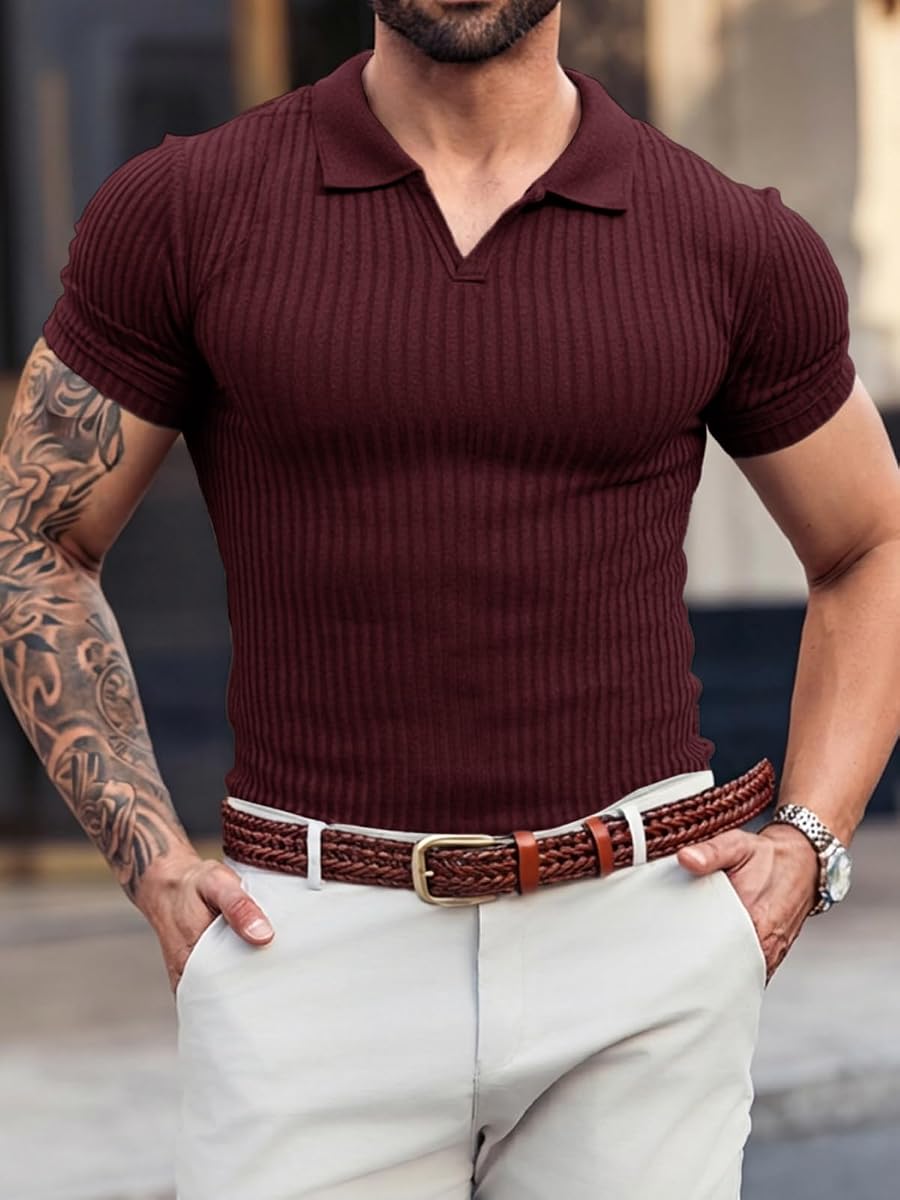 Runcati Męska koszulka polo z krótkim rękawem, dekolt w serek, z dzianiny, slim fit, na lato, jednokolorowa, do golfa, na czas wolny, rozciągliwa