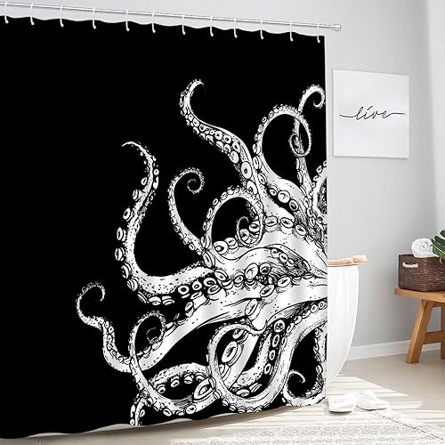 Miniatura 2 de Cortina de ducha de tentáculo de pulpo, diseño de kraken de océano blanco y negro, divertido animal náutico, vida marina, fresco, moderno, único,