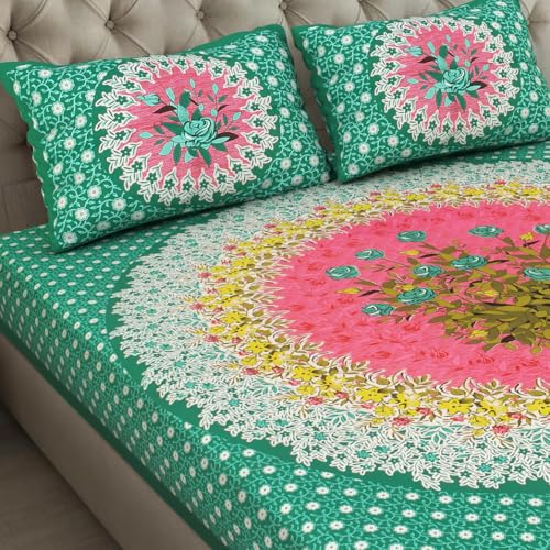 Image of JAIPUR PRINTS 100% Cotton Bedsheet for Double Size Bed bedsheets Rajasthani Jaipuri Printed Double Size Bedsheet with 2 Pillow Cover / 90x100 inch / 235x215 cm / (Green)