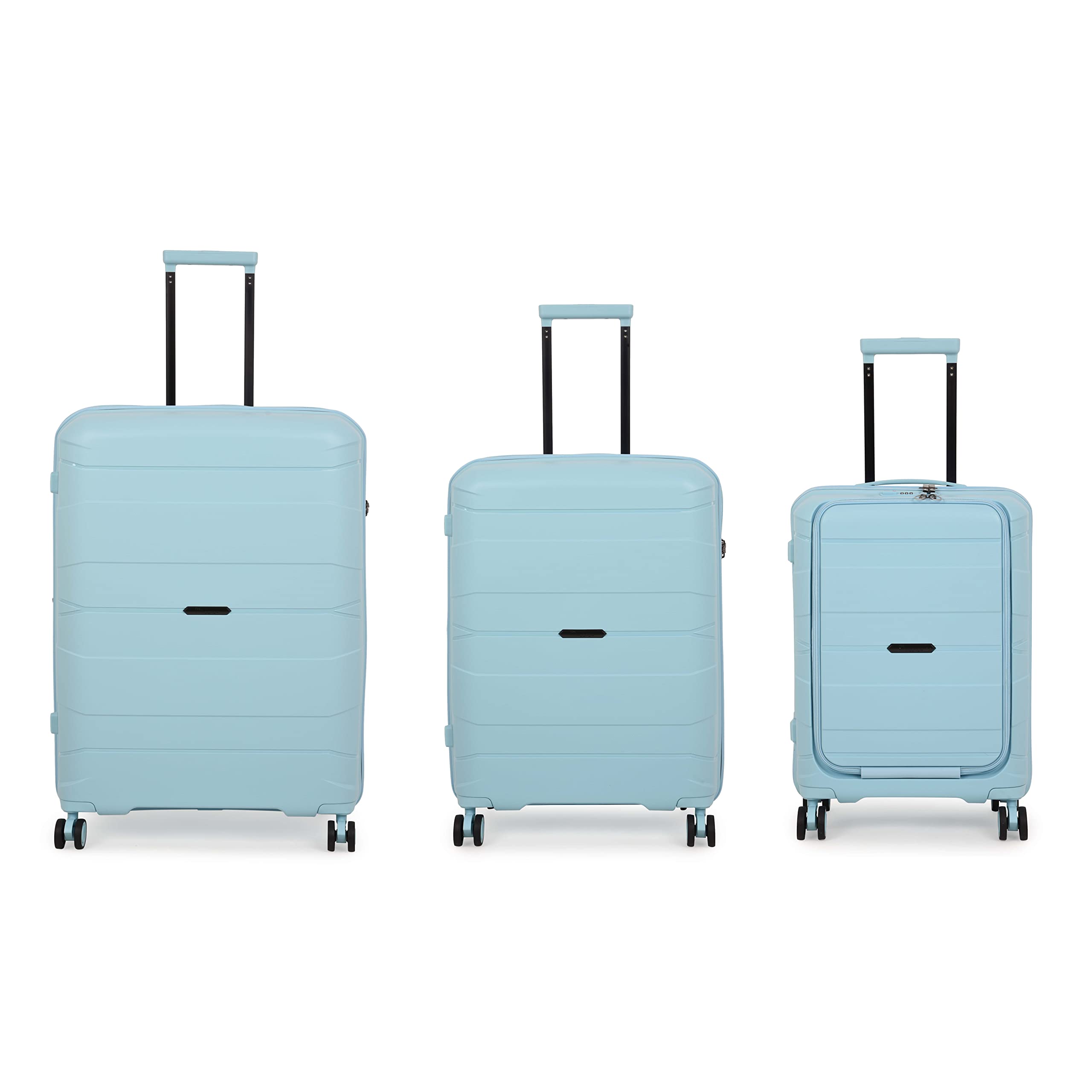 it luggage Momentous Sky Blue Set of 3-Large, Medium & Cabin-20,24,28 inches Cabin with Padded Laptop Section and Large and Medium Expandable Polypropylene Hardsided with TSA Lock 8 Wheel Trolley Bag
