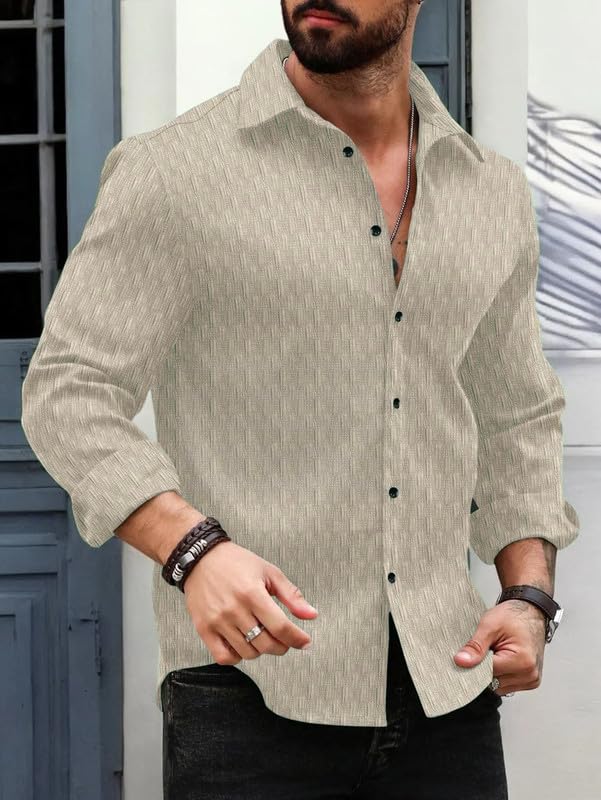 Image of DEELMO Men's Regular Fit Button Down Dress Shirts Textured Long Sleeve Casual Hawaiian Shirt (in, Alpha, XL, Regular, CHIKU-New)