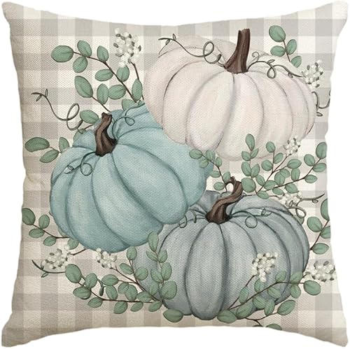 AVOIN colorlife Funda de almohada de hojas de eucalipto de calabaza a cuadros de búfalo de 18 x 18 pulgadas, decoración de otoño y Acción de Gracias