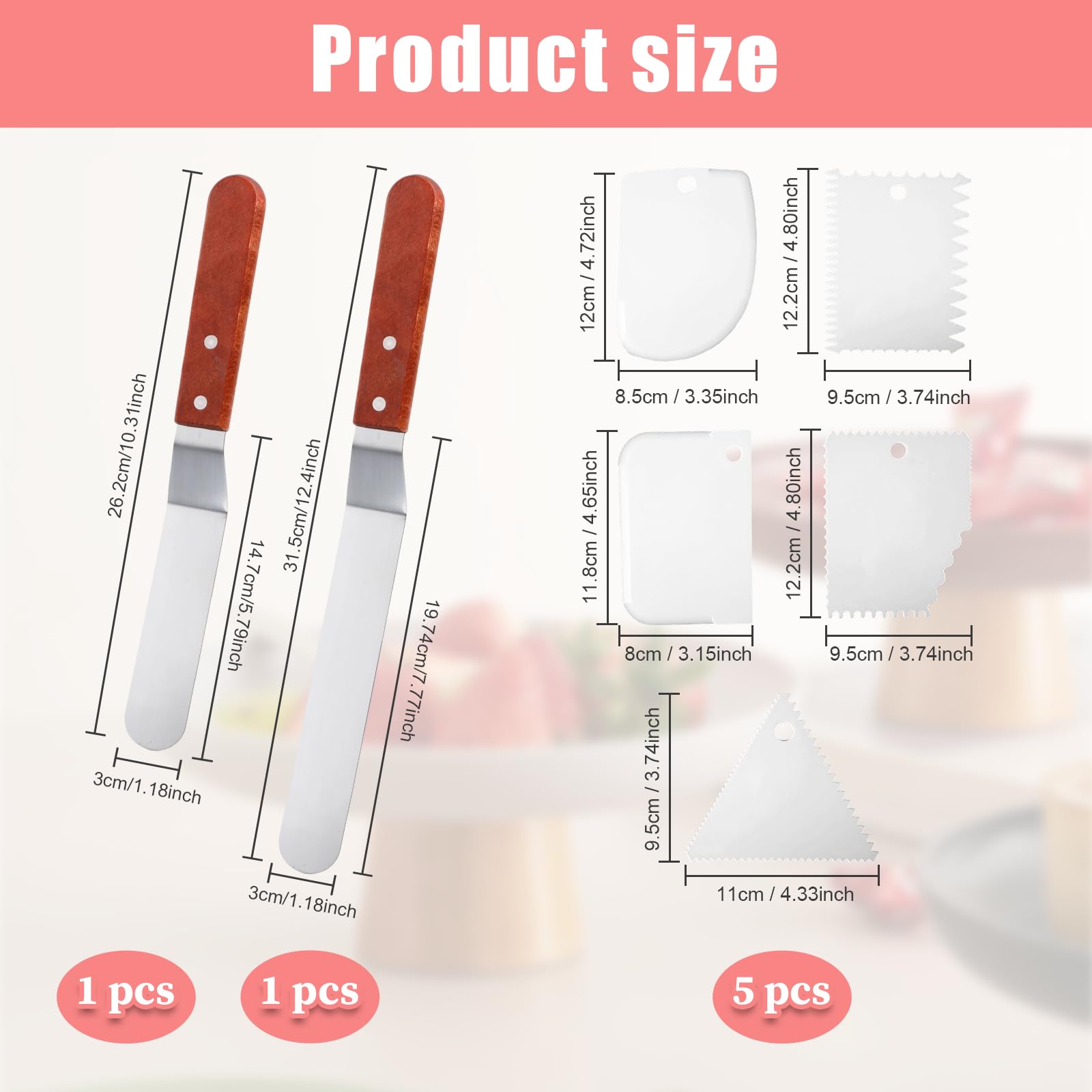 2 Stück Tortenmesser Winkelpalette Edelstahl Set, Tortenspachtel mit Holzgriff Und 5 Teigschaber, 6 inch/8 inch (15.24 cm/20.32 cm) für Kuchen Dekorieren, Backen und Glattstreichen​（Braun）