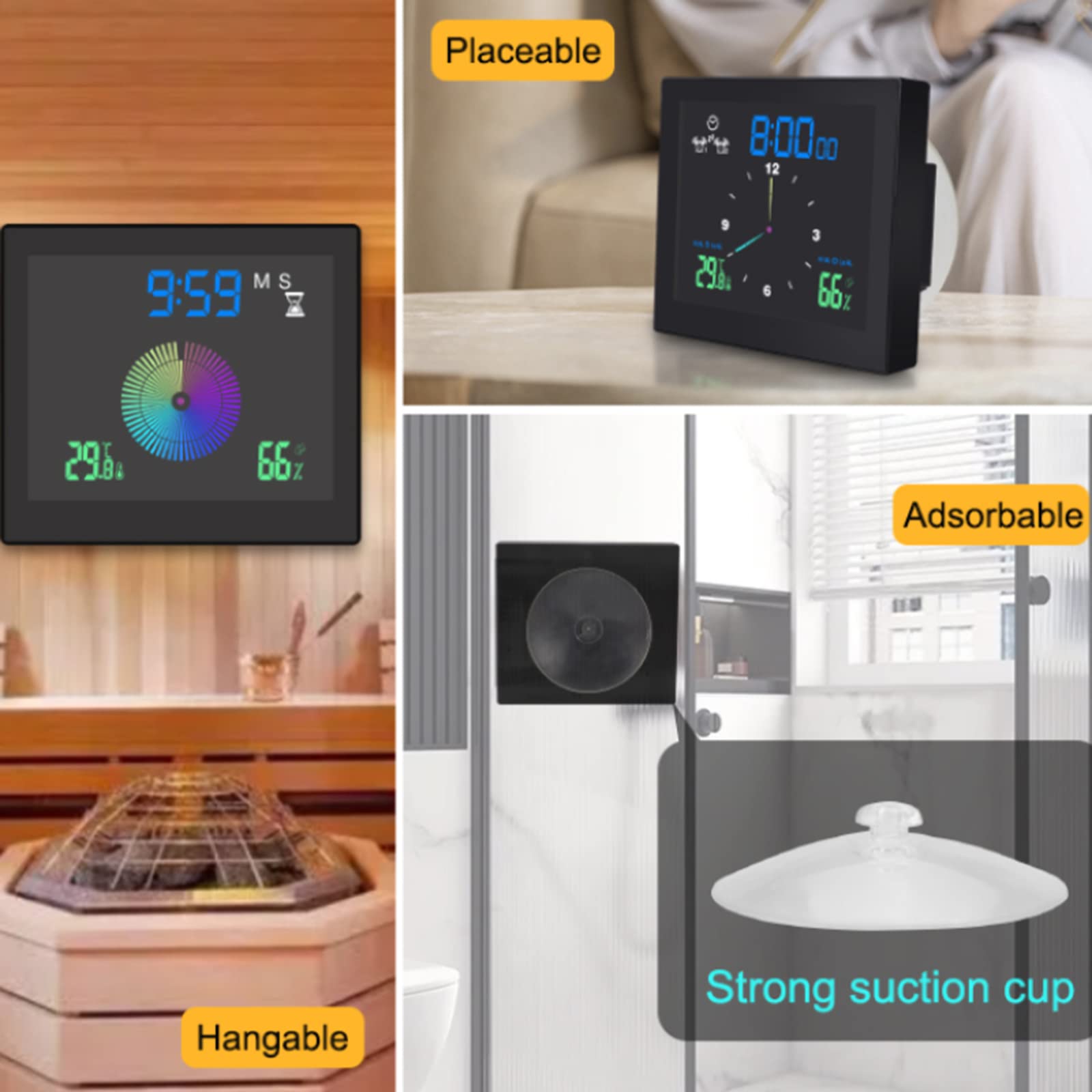 Muloo Digital Shower Clock Suction Cup Hangable Hole Time Clock Ornaments Supplies for Bedroom Bathroom Dormitory Temperature Shower Clock Black, approx.10.5x11.8cm/4.13x4.65in