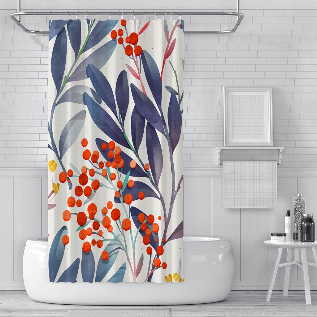 Duschvorhang 240x200 mit Pflanzenmotiven In Rot, Dunkelblau und Lila, Botanisch Weißer Badezimmervorhang, Wasserdichter Polyesterstoff für Badewannen/Badezimmer mit Haken, B240 x H200 cm (1er Pack)