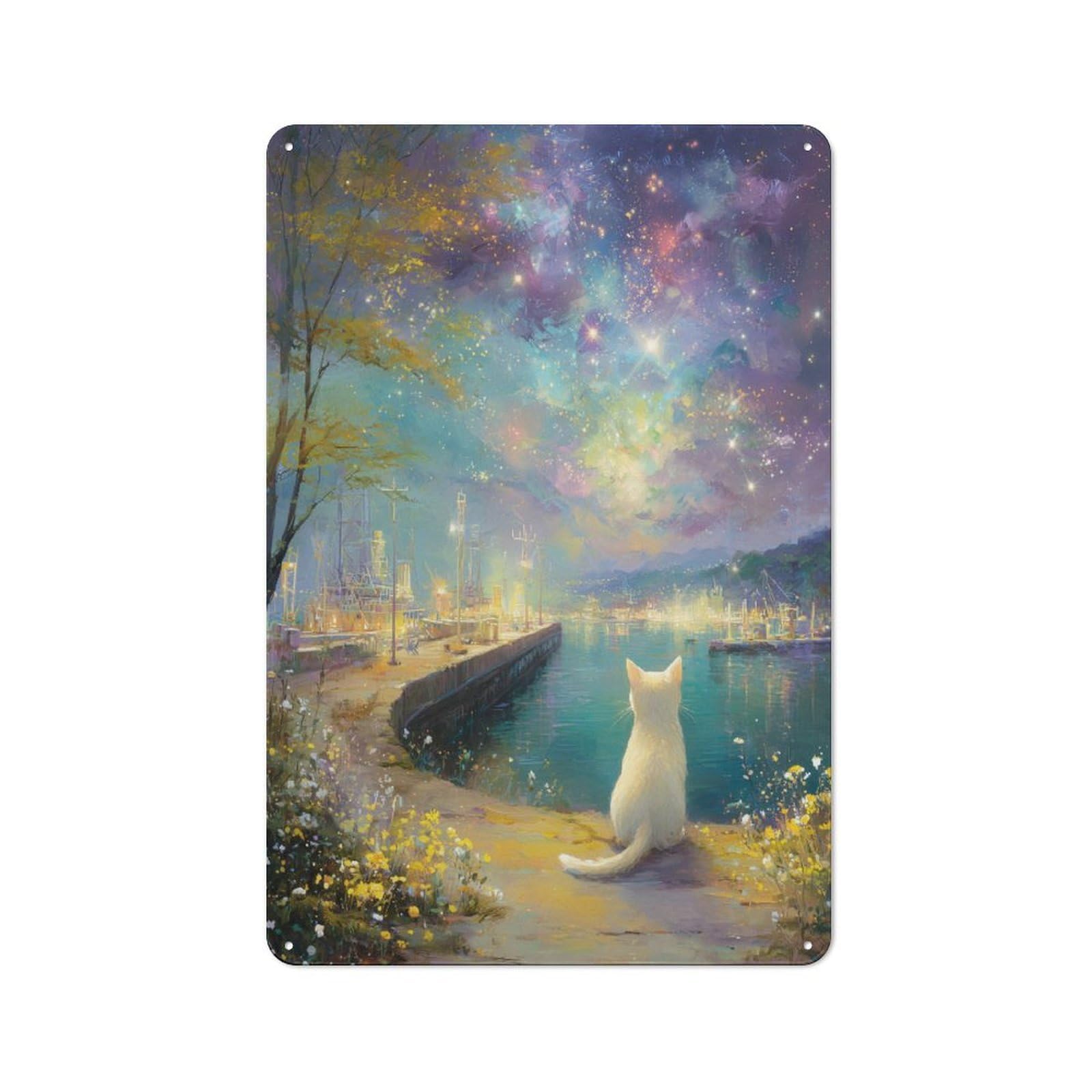 Junmoney Starry Night Harbor Retro Tin Sign 30X20cm For Workshop Wall, For Collectors Of Retro Metal Wall Decor