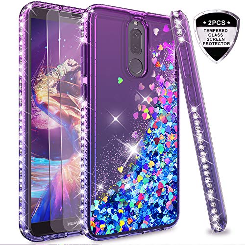 LeYi Funda Huawei Mate 10 Lite Silicona Purpurina Carcasa con [2-Unidades Cristal Vidrio Templado],Transparente Cristal Bumper Telefono Gel...
