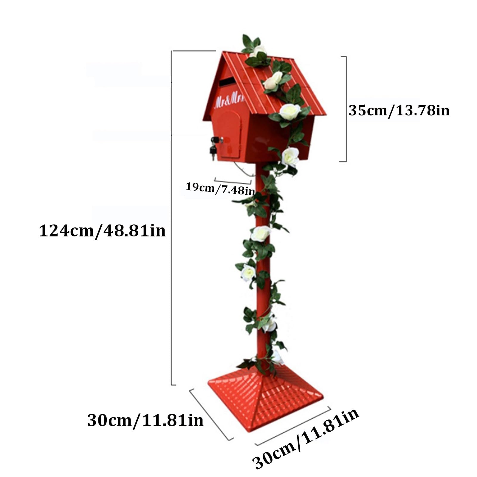 Buzón de hierro para montaje en poste, buzón de cabina de bosque de 48.8 pulgadas con cerradura de llave y vid de flores de plástico, buzón de correo de jardín estilo primaveral para interiores y