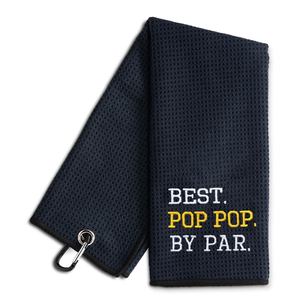 WUUCKOO Best Pop Pop by Bar Embroidered Golf Towel, Funny Golf Towel for Golf Bag with Clip, Retirement Gifts for Grandpa Dad, Fathers Day Birthday Gifts for Grandpa Dad Golf Lover Golf Fan