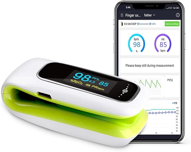 Rechargeable Oxygen Monitor Finger Adults, Bluetooth Pulse Oximeter CE Approved with Heart Rate and Perfusion Index, Free App iOS & Android and OLED Display
