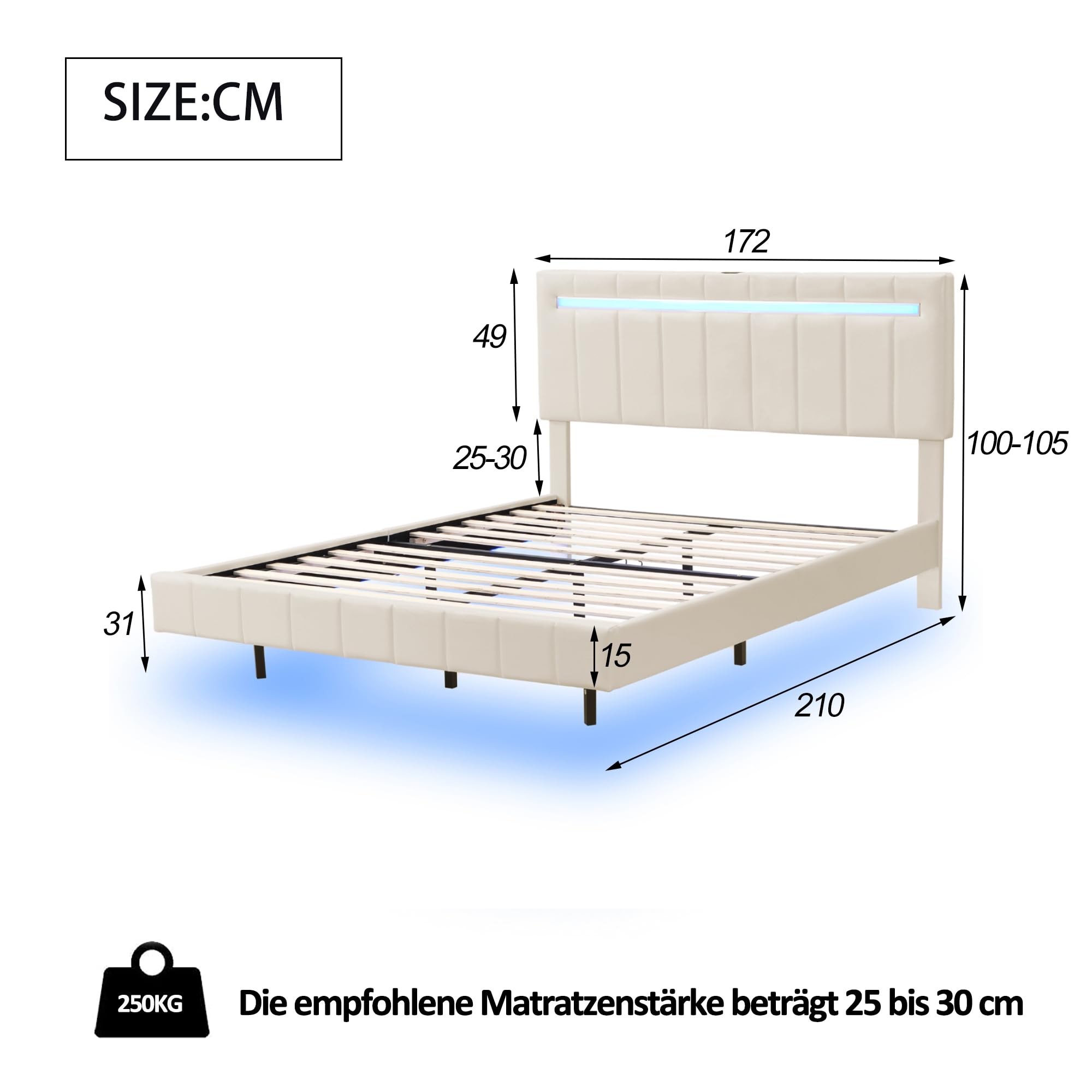 Lit rembourré, 160 x 200 cm, cadre de lit flottant, avec lumières LED et 2 ports USB, lit double, en lin doux pour la peau, sans matelas (beige)