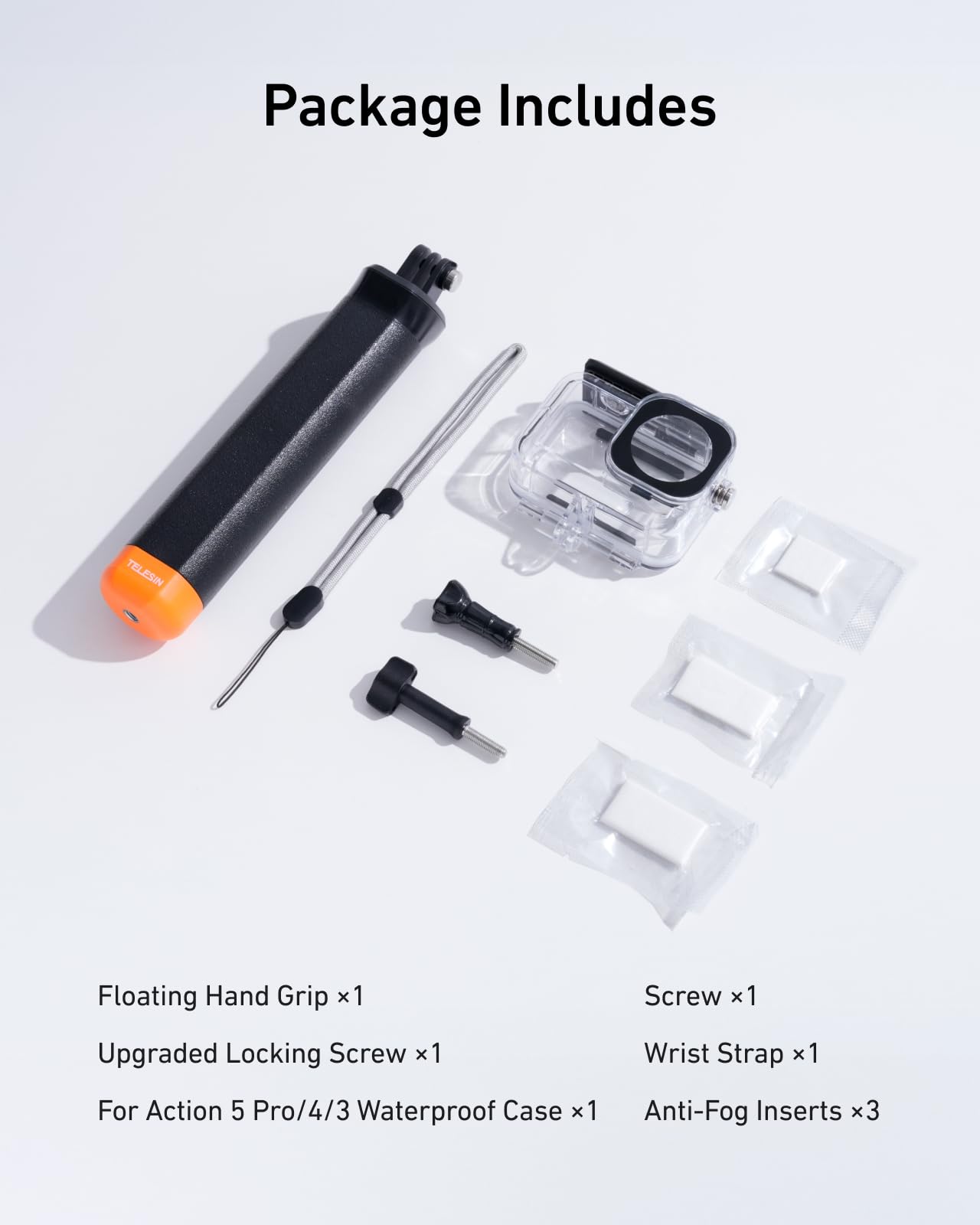 TELESIN Ensemble de coque étanche pour DJI Action 5/4/3, boîtier étanche avec bâton à selfie flottant et support de changement rapide, adapté à la plongée jusqu'à 45M pour la plongée avec tuba et la