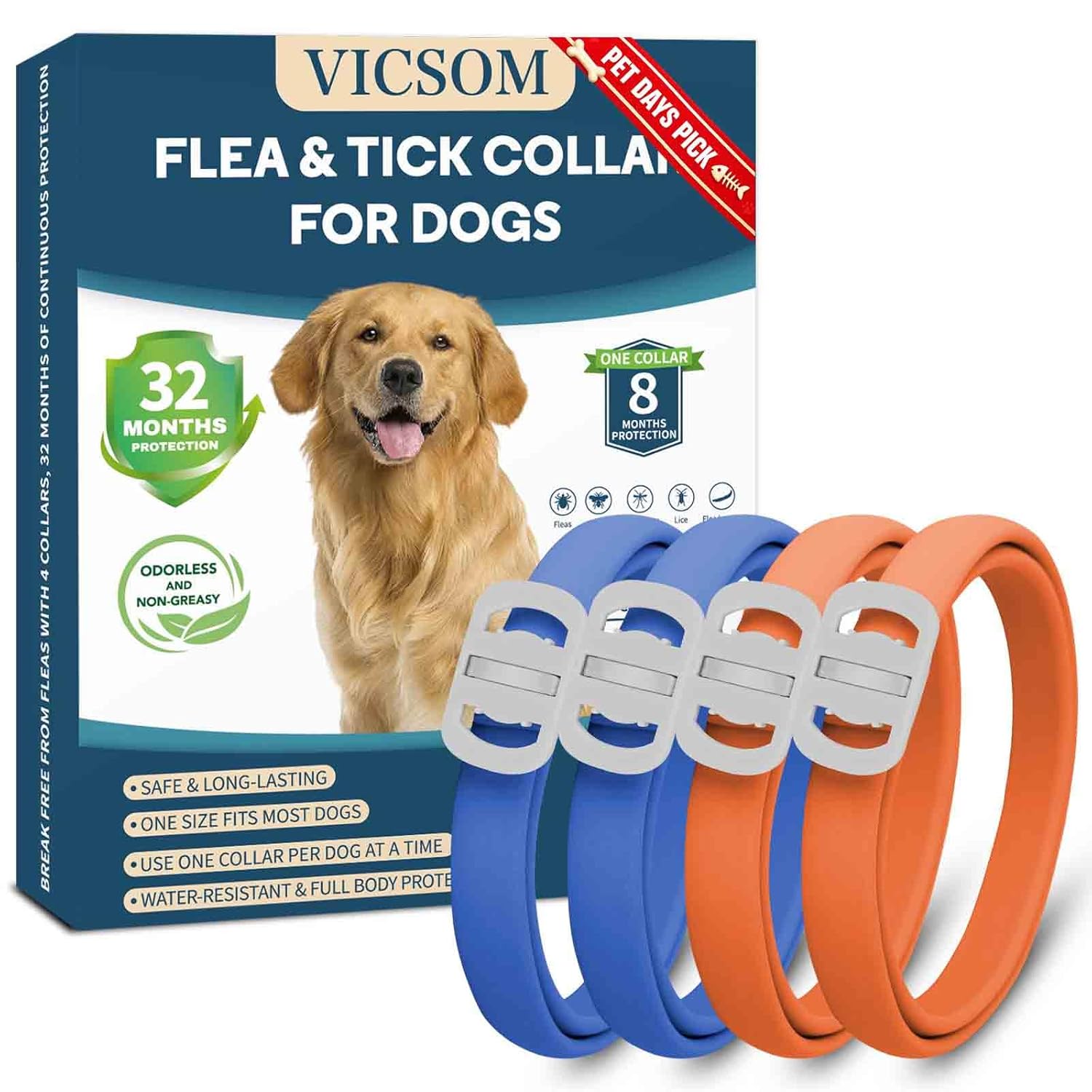 Dog Flea and Tick Collar 4 Pack, Waterproof Adjustable Collar for Dogs and Puppies, 32-Month Prevention, Blue & Orange