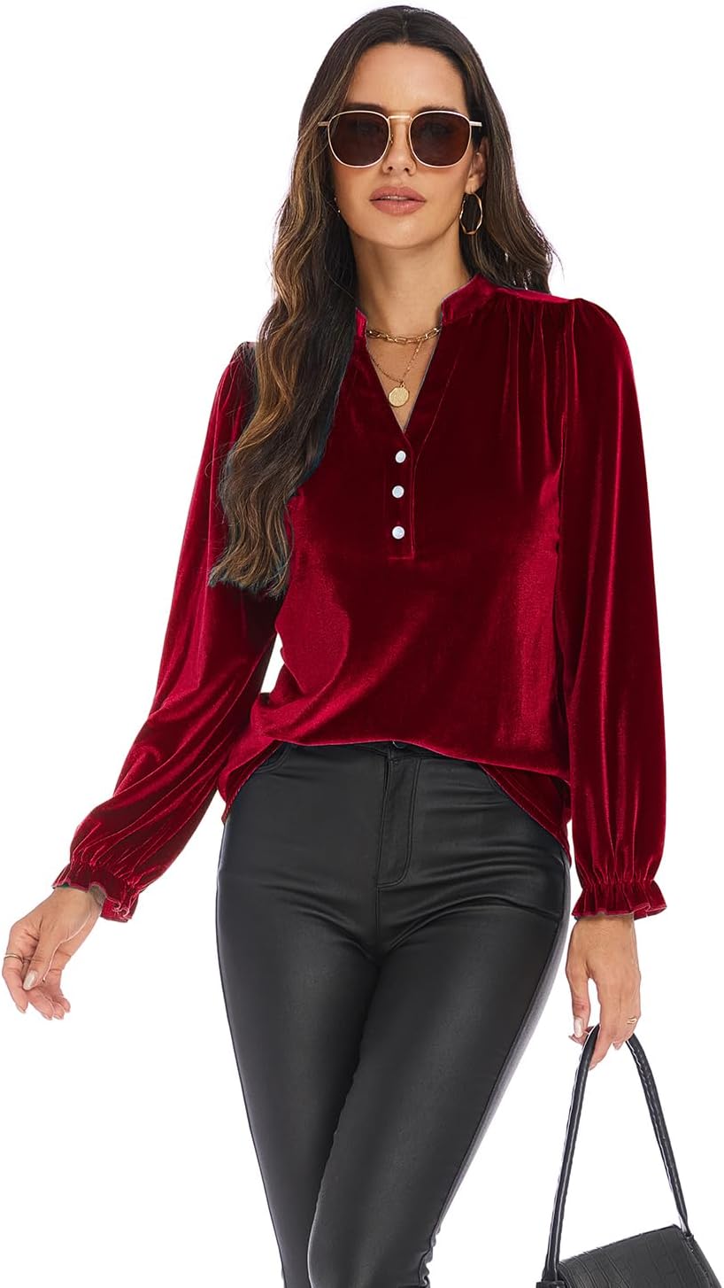 Women's Velvet Tops Puff Long Sleeve V Neck Ruched Fall Winter Trendy Christmas Formal Evening Party Holiday Shirts Blouse - Image 3