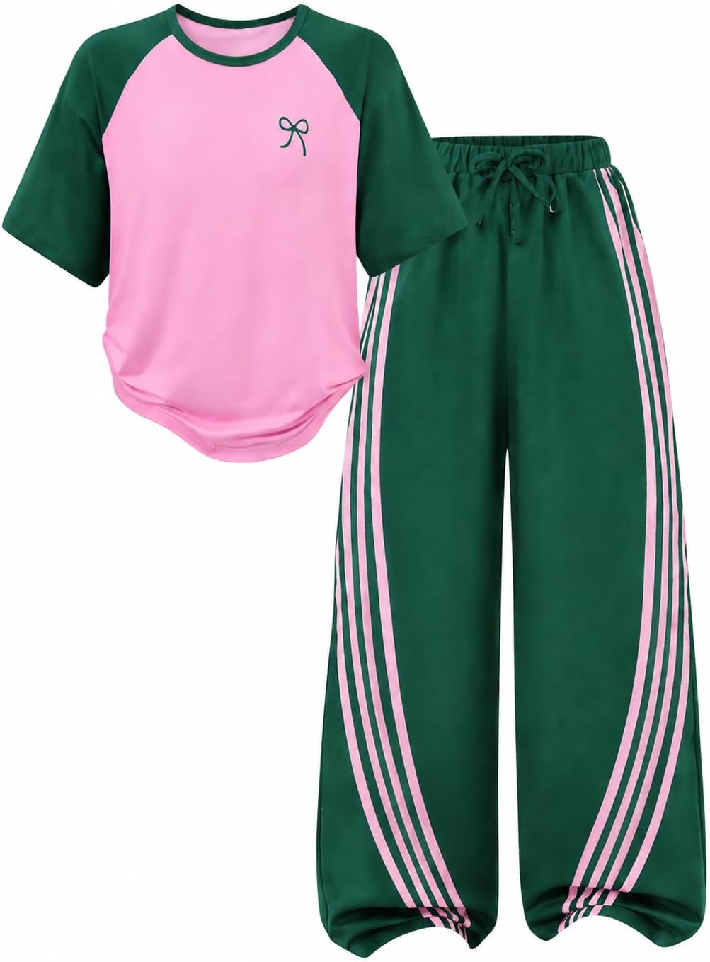 Girls Clothes 2 Piece Casual Set Bow Short Sleeve Tops + Striped Wide Leg Pants Tween Girls' Clothing Sets Size 7-14Y