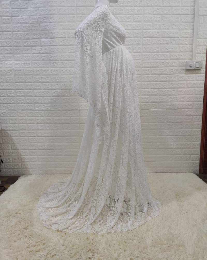 Vestito da maternità Abito Premaman Tinta Unita Vestito Maxi Elegante in Pizzo Manica Lunga con Scollo A V per Servizio Fotografico in Gravidanza Abito da Festa