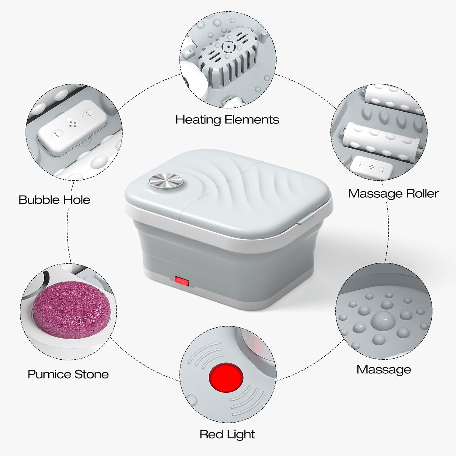 2025 New Collapsible Foot Spa with Heat, Foot Bath Massager with Bubble, Red Light, Temperature Control, 6 Shiatsu Massage Rollers, Pedicure Foot Spa for Feet Stress Relief