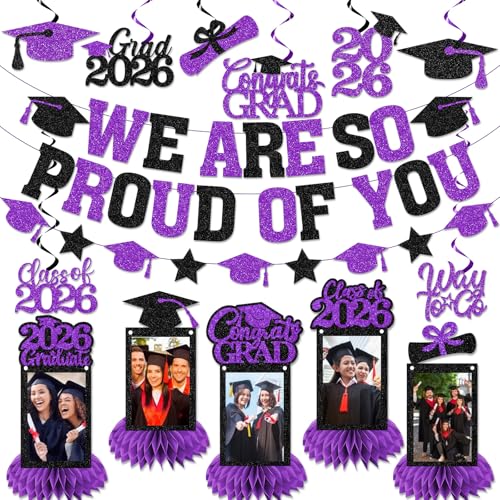 Image of Graduation Decorations 2026 - Purple Congrats Grad Party Supplies Include Glitter We are So Proud of You Banner, Hanging Swirls and Honeycomb Centerpieces for Photo Toppers