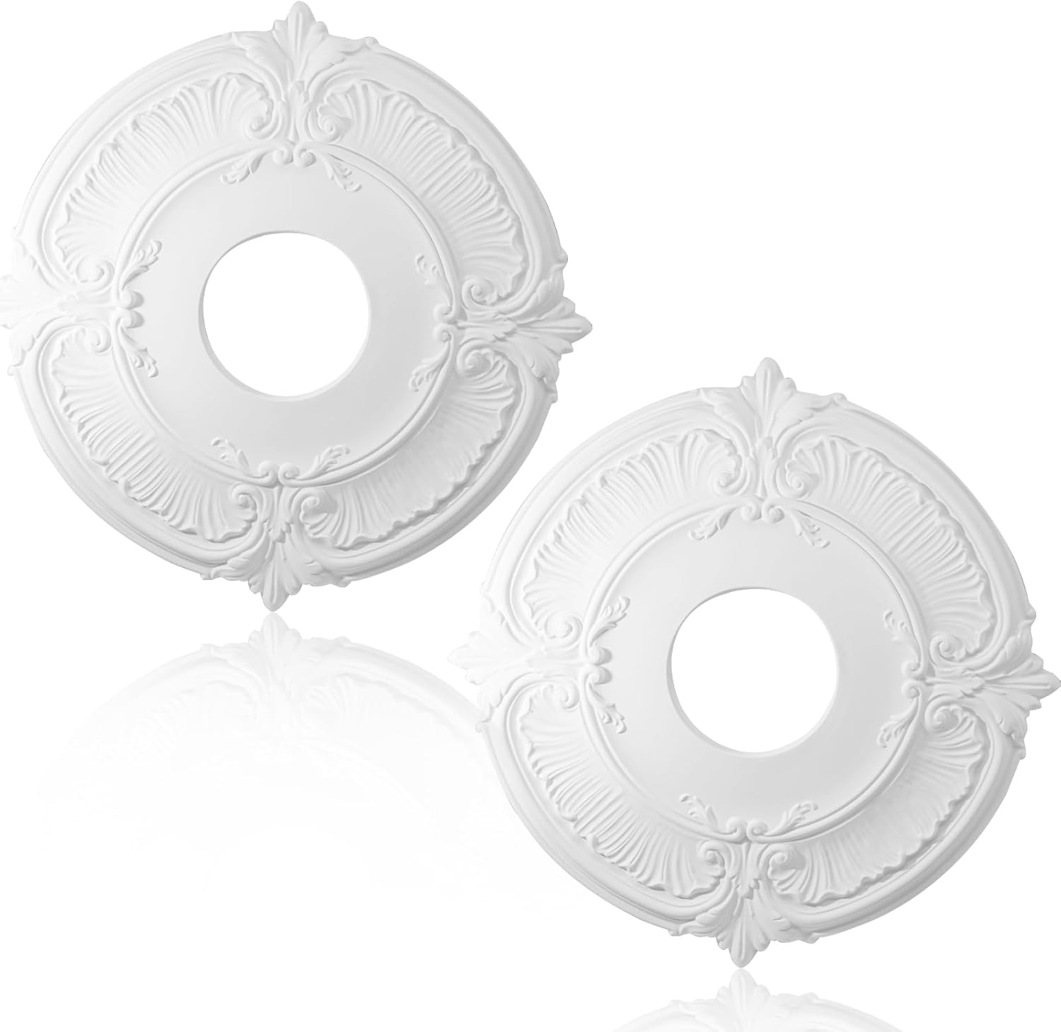 Uenhoy 2 Pcs Lighting Ceiling Medallions for Light Fixtures and Ceiling Fans, 12" OD White Vintage Ceiling Cover Plate, PU Ceiling Fan Medallion 12" OD x 3.5" ID Circular Type, 2Pcs White, 12" x 3.5", Pattern A