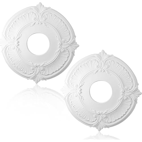 Uenhoy 2 Pcs Lighting Ceiling Medallions for Light Fixtures and Ceiling Fans, 12" OD White Vintage Ceiling Cover Plate, PU Ceiling Fan Medallion 12" OD x 3.5" ID