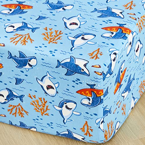Image of Brandream Crib Bedding Set for Boys 100% Cotton 6 Piece Baby Toddler Nursery Bedding Set with Fitted Crib Sheet, Dust Ruffle - Blue Ocean Nautical Aquatic Whale Shark Coral Theme