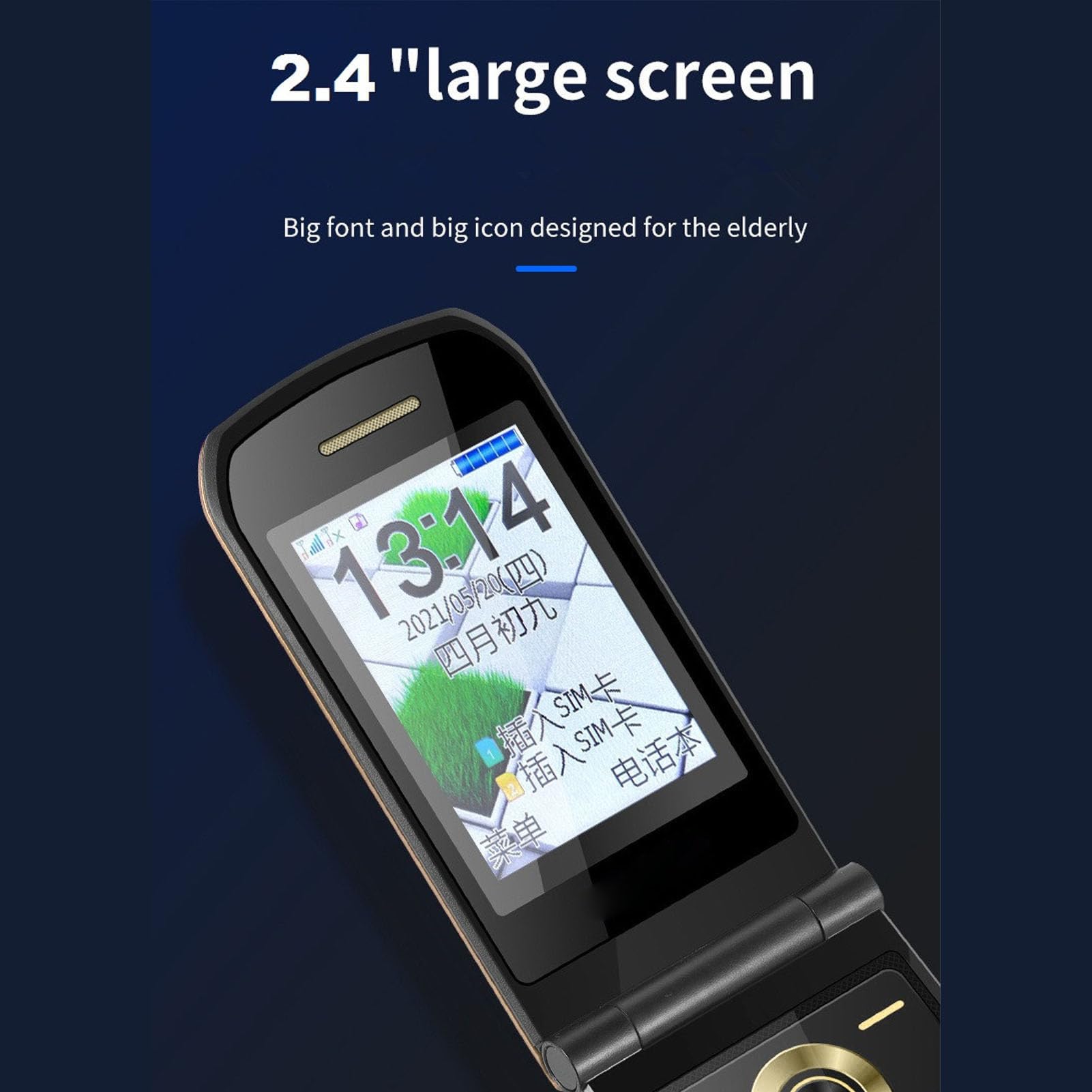 Telefon Komórkowy z klapką G9000 2G dla Seniorów, Odblokowany Telefon Komórkowy GSM z Dużym Przyciskiem, Głośny Dźwięk, Dual SIM, Olśniewający Efekt świetlny (Złoto)