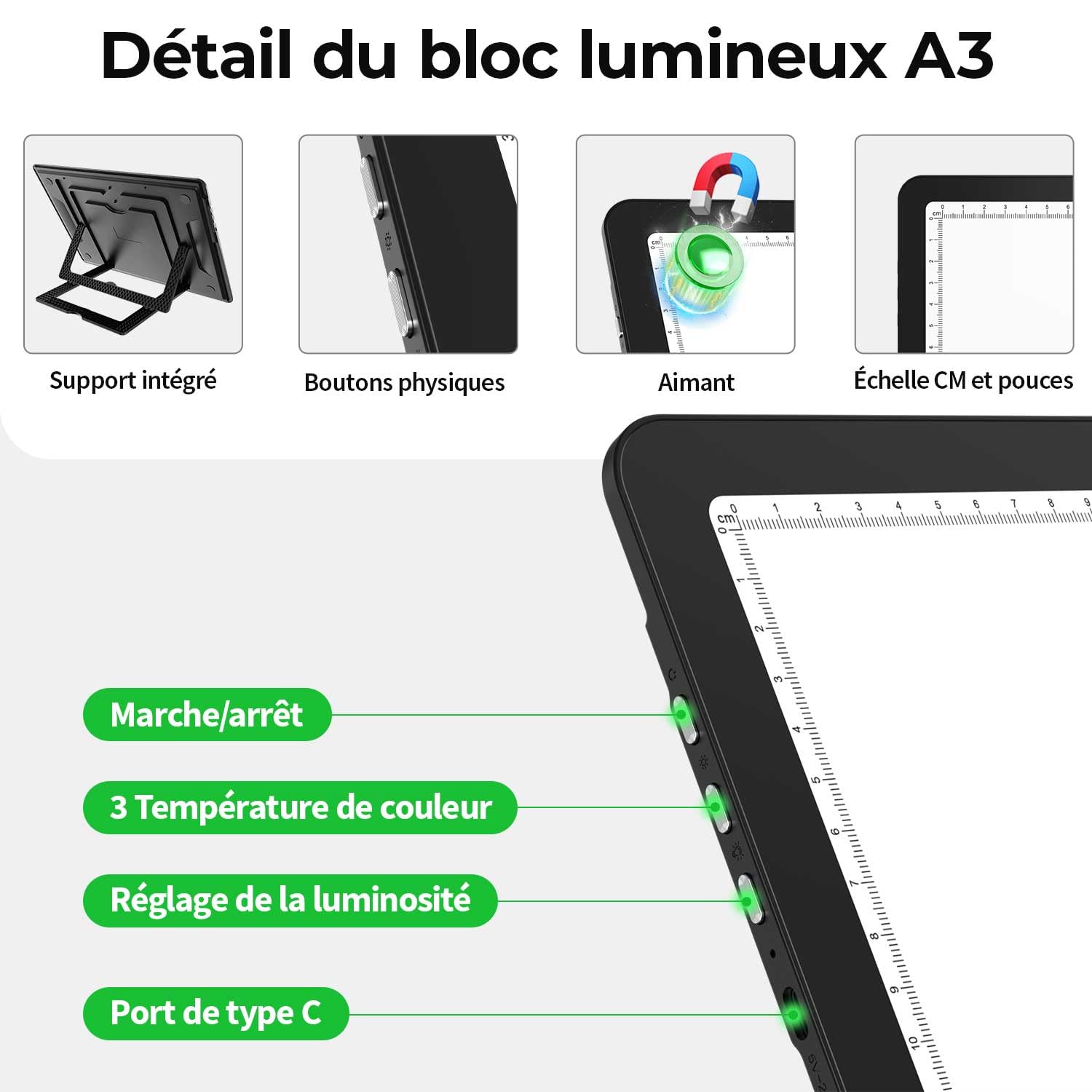 Zocelight Tableau lumineux A3 rechargeable avec sac et support, boîte à lumière magnétique super lumineuse pour le traçage, design de boutons latéraux, tampon lumineux pour peinture diamant, croquis