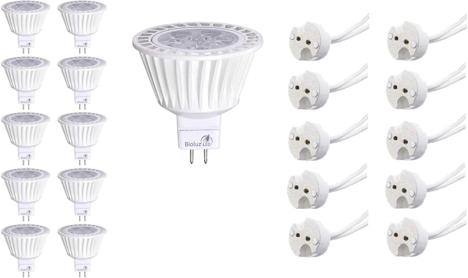 Bioluz LED 10 Pack MR16 LED Bulb 3000K 12V Plus 10 Pack of Replacement Sockets