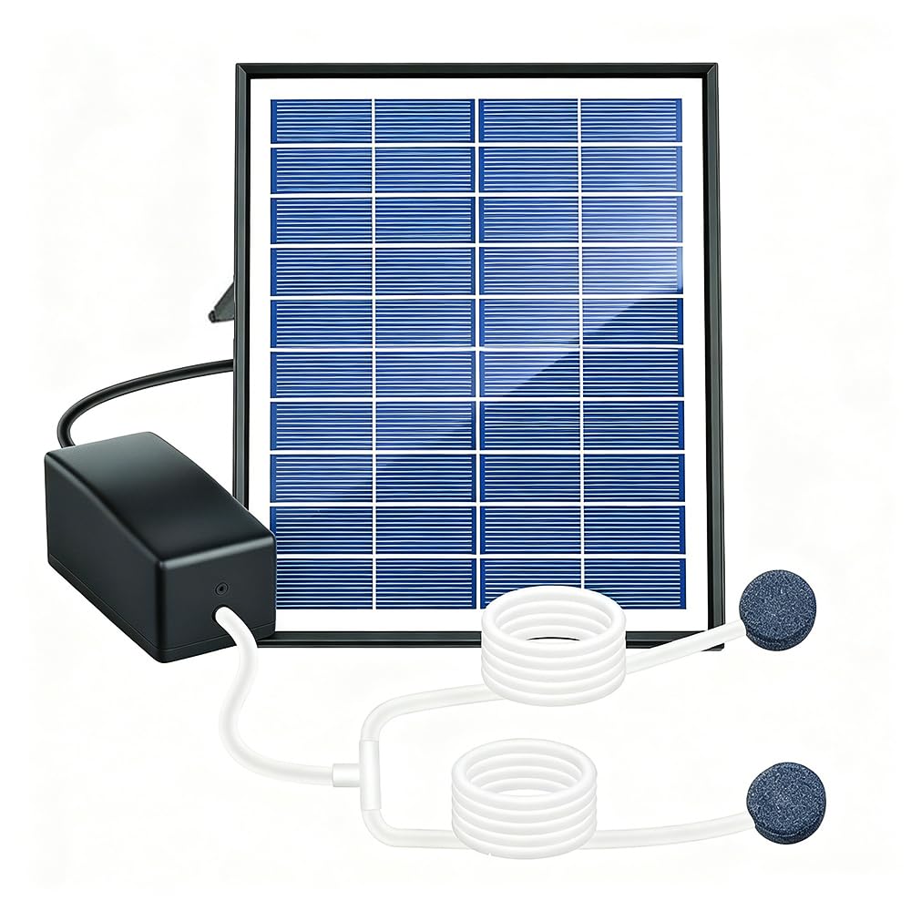 SKIKHN Solar Pond Aerator, 10V 6W Solar Air Pump for Pond, Solar Pond Oxygenator with Air Pump, Hoses and 2 Airing Stones, Solar Pond Pump for Pond Fish Tank Pool Garden Hydroponics