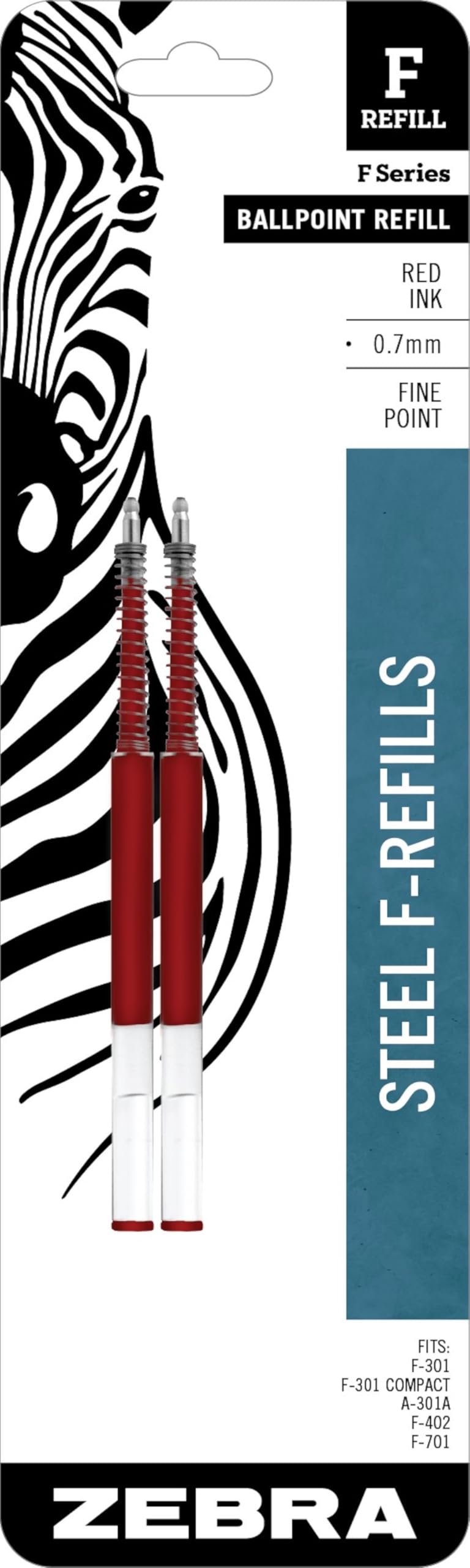 Steel, F-Refill Ballpoint Ink Refills, 0.7mm Fine Point, Red Ink, Fits Zebra F-301, F-402, and F-701 Ballpoint Pens, Smooth Writing Performance, 2-Pack (85532)