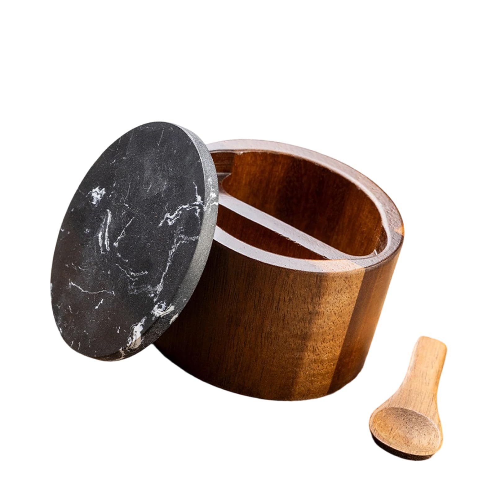 Msioytog Handcrafted Wooden Condiment Holder with Stone Lid and Spoon for Seasoning Portable Seasoning Jar with Spoon