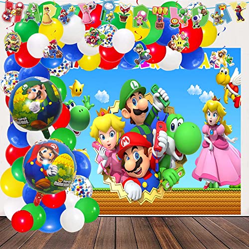 Mario Birthday Party Supplies, Mario Birthday Decorations Include Banner, Balloons Arch, Foil Balloons, Tablecloth, Backdrop, Bottle Labels, Chocolate Stickers, Cupcake Toppers For Kids Mario Theme Party #TOP1