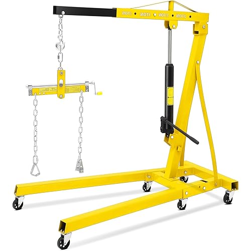 2 Ton Folding Hydraulic Engine Hoist with Leveler, 4400 LBS Cherry Picker Shop Crane with Telescopic Boom & 6 Casters, Engine Hoist Lift for Garage Workshop Warehouse, Heavy Duty, Yellow