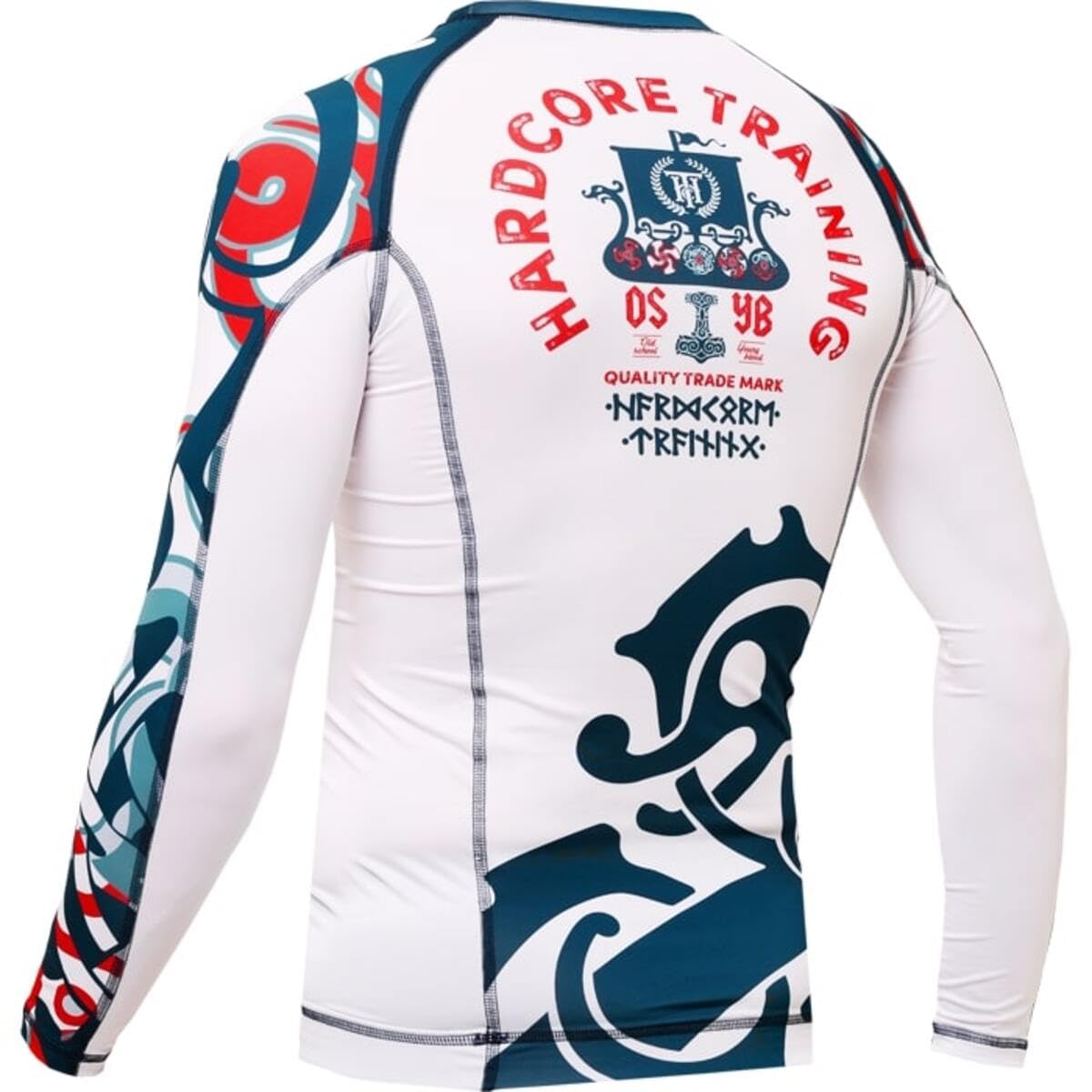 Hardcore Training Rash Guard Mężczyźni Kompresja Koszulka Długi Rękaw BJJ MMA No-Gi Obcisła Grappling Boks (DE/NL/SE/PL, Alfa, S, Regularny, Regularny, Biały, niebieski)
