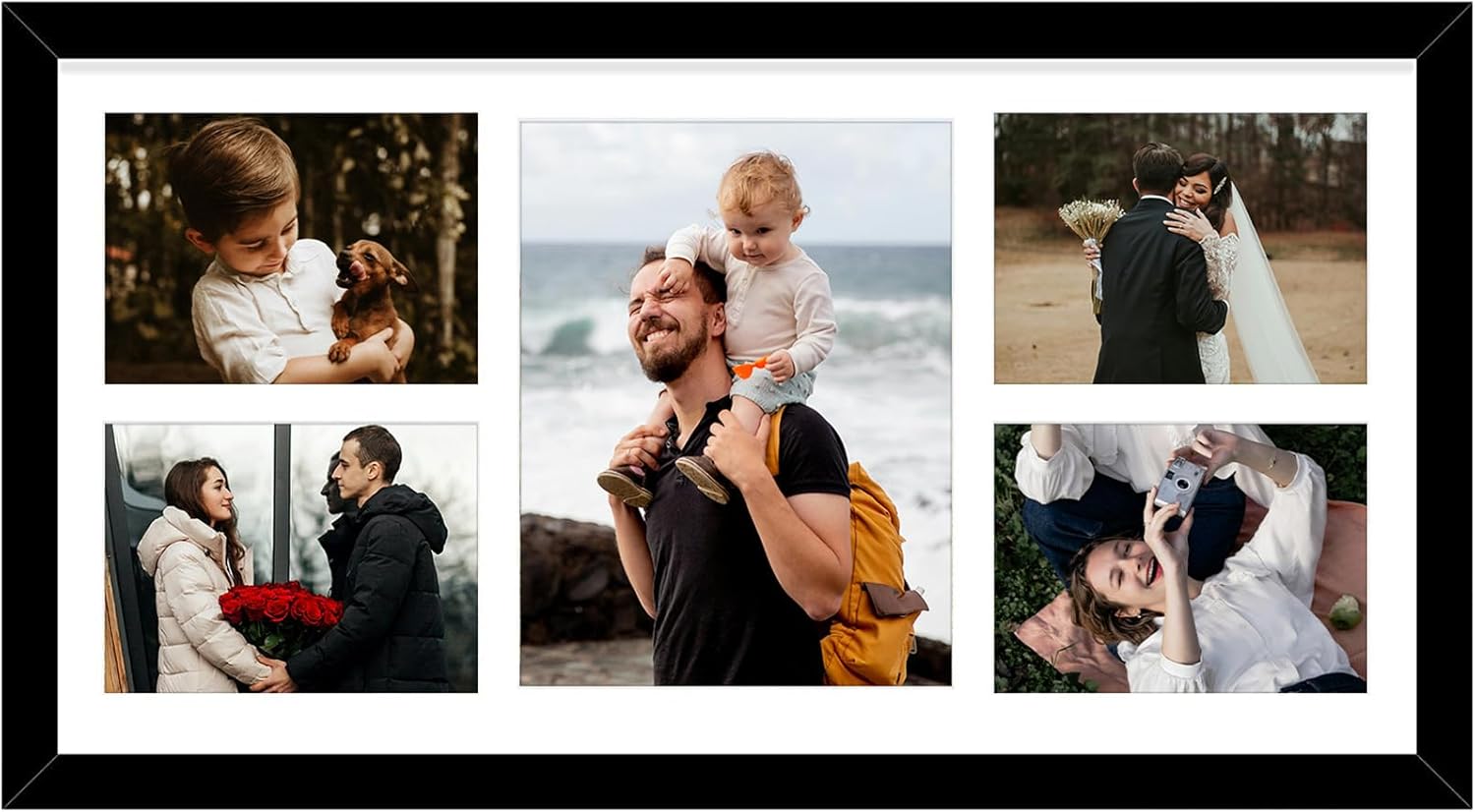 Golden State Art, 12x24 Black Wood Picture Frame - White Mat for 8x10 and 5x7 Photos - Real Glass, Sawtooth Hanger, Swivel Tabs - Wall Mounting - Great for Posters, Weddings, and Engagements