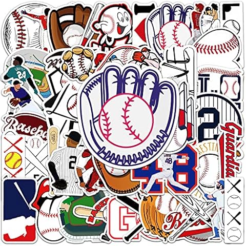 JOICEE 50pcs Baseball Stickers，Waterproof Vinyl Baseball Tattoos for Kids Teens Boys Adults, Sports Decals for Snowboard Laptop Water Bottles Hydro Flasks Phone Guitar Skateboard Computer Cover