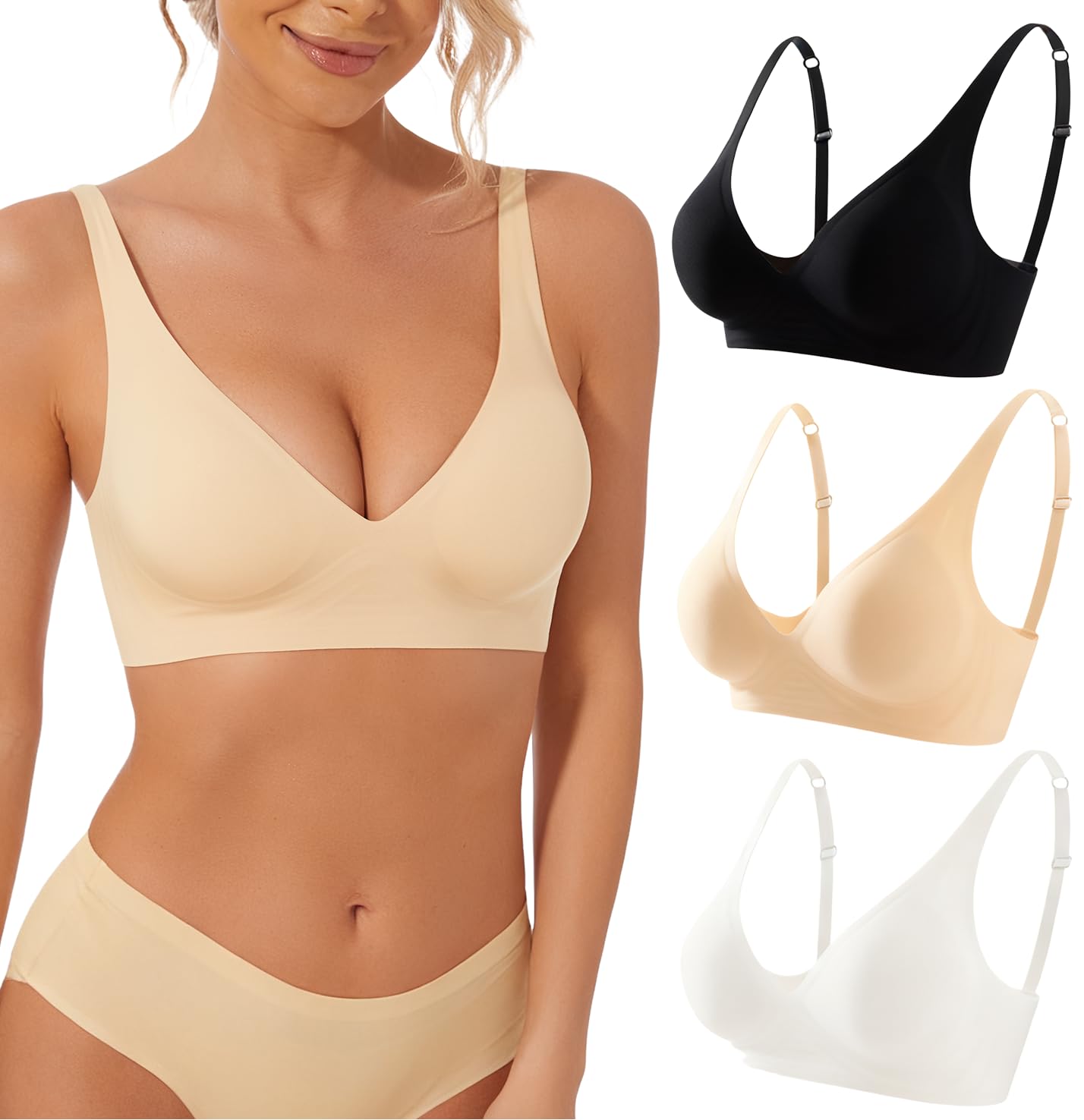 BOUFOR Deep V Bra Wireless Sexy Push Up Bralette Padded Seamless Jelly Bra | Low Cut Plunge V-Neck, Wide Straps, Back Smoothing, Bras for Women No Underwire, Soft Comfortable Bralettes