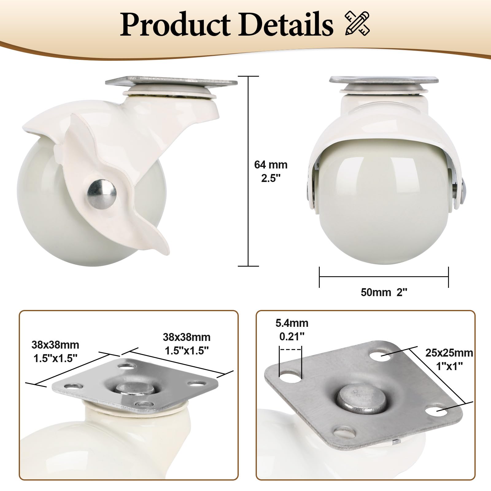 Fixhando 2 Inch Swivel Caster Wheels with Brake, White Furniture Wheels Set of 4, Friendly to Many Floors, Durable Ball Wheels for Furniture, Workbench, Cart, Trolley, Shelf, Cabinet