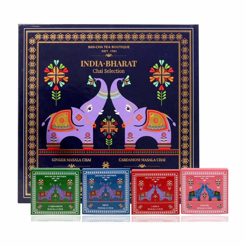 Sancha Tea Boutique, India Bharat Chai Collection, Masala Chai Variety Pack, Ginger/Cardamom/Mint/Original Flavours, 40 Pyramid Tea Bags, Gift Box-image-6