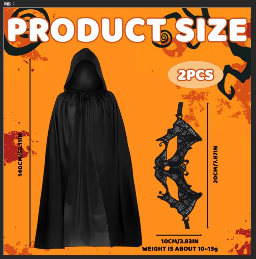 WNXBFO 2 Pcs Black Cape, 140 cm Long Black Cloak, Hooded Cloak Cape With Mask - Image 2