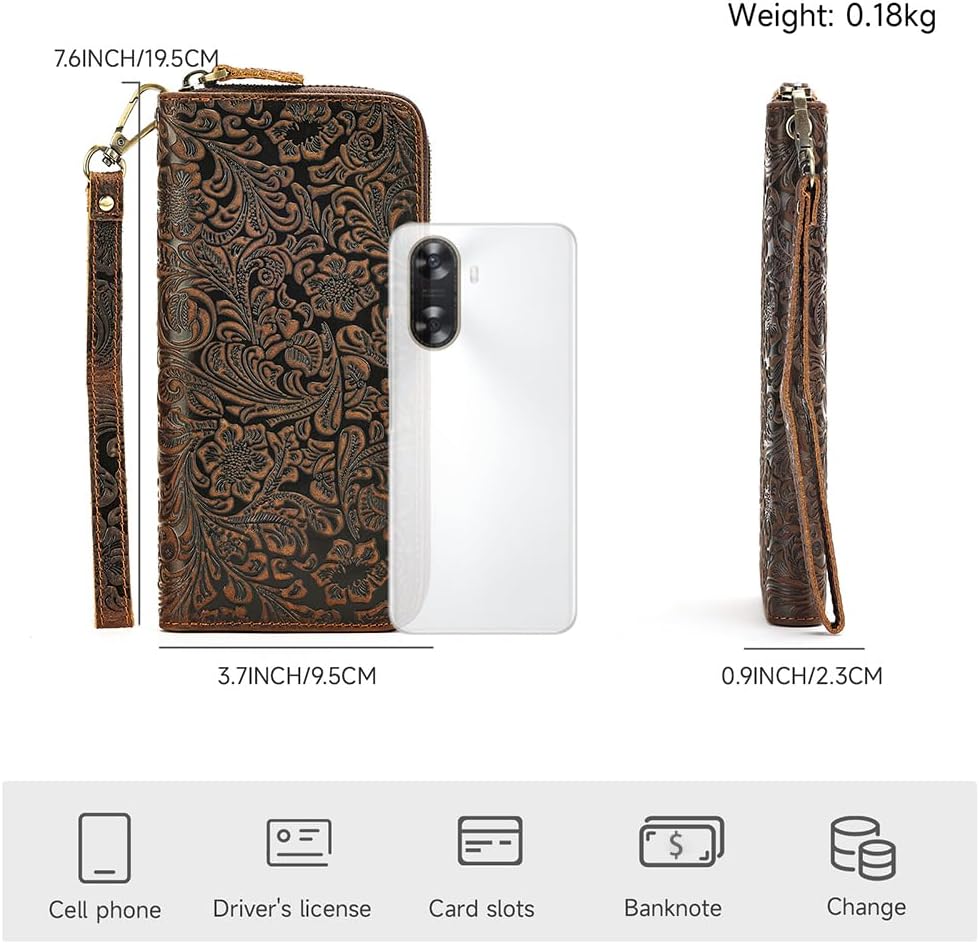 NIUCUNZH Long Men's Leather Wallet Zipper Embossed with Flower Print Biflold Wallet Checkbook Paper Money Women Photo Card Holders - Image 6